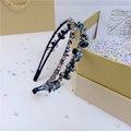 Close-up of deep blue crystal headband with silver beads and golden floral accents - Double Row Crystal Style / Double Row Crystal Blue