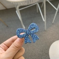 Blue denim style hair clip with green polka dots in a sweet bow-knot design - Bow / Blue with Green Polka Dot Bow