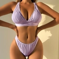 Detailed macro shot of lavender halter bikini with vertical ribbed texture and high-cut style - S / Light Purple