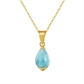 Bohemian gold necklace featuring a teardrop-shaped light blue natural gemstone pendant - Aquamarine, 14K Gold Plated, Approx. Weight 1.33g