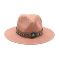 Chapeau fedora en paille orange rose avec ruban ethnique et boucle vintage bohème - Chapeau de Paille Rose Racine de Lotus (Pierre Bleue Ovale)