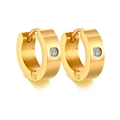 Golden stainless steel huggie earrings featuring a single round white zircon inlay - EH-117G Single Zircon Mirror Gold