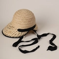 Lace-up raffia sun hat for women with round crown and wide black ribbon trim - M(56-58cm) / Black Strap