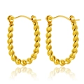 Golden twisted rope earrings with oval hoop design in a glossy stainless steel finish - Spiral Rope Oval U-Shape