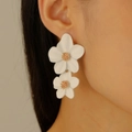 Elegant white floral drop earrings for women with golden stamen and alloy finish - Double White Flower Earrings with Gold Stamens (8300)