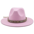 Pink wool fedora hat with ethnic style woven band and flat brim for men and women - M (56-58cm) / Ethnic Jazz Hat / Pink