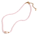 Pink seed bead necklace featuring freshwater pearls and gold-plated heart extension - Pink