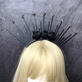 Detail of gothic halo crown with black satin roses and silver stars on a headband - Black Silver Rhinestone Rose (Style 13)
