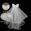 White mesh bow hair clip with pearl flower center for wedding and photography props - Pearl Flower Bow Veil