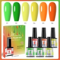 Detailed set of 6 neon gel nail polish bottles with matching color swatches and packaging - Fluorescent Series Set (GPS01)