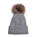 Dettaglio di berretto grigio in maglia a coste con un grande pompon marrone in pelliccia - Adulto / Grigio chiaro