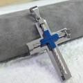 Men's stainless steel cross necklace with blue inlay and industrial wire details - Pendant Only / Silver Blue