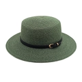 Detailed texture of dark green boater straw hat with black leather band and gold buckle - M (56-58cm) / Dark Green