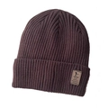 Dark brown ribbed knit beanie for men and women with vintage leather logo patch - Coffee