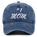 Detail of white #1 MOM embroidery on vintage washed navy blue denim baseball cap texture - Adjustable / Navy Blue