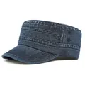 Classic dark blue washed denim cadet cap with adjustable flat top and vintage metal eyelets - Adjustable / Dark Blue