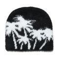 Detailed view of the fuzzy black knit beanie featuring a white palm tree jacquard pattern - M(56-58cm) / Black
