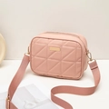 Pink quilted crossbody bag with stylish wide strap and gold hardware on white surface - 18*6*14 / Pink