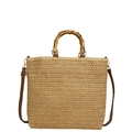 Gewebte Strandtasche aus Stroh in Beige mit Bambusgriffen und braunem Lederband - Khaki
