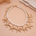 Double-layer starfish necklace set with faux pearls and golden starfish pendants - Gold