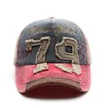 Vintage baseball cap with rose red brim and blue distressed fabric featuring number 79 - Rose Red