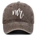Detail of Mr. embroidery on a vintage washed brown cotton baseball cap with fabric texture - Coffee Mr.