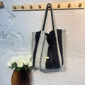 Double-sided wool tote bag with black and gray stripes and handmade metal logo - White and Navy Blue Stripes
