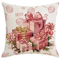 Roze kerstkussenhoes van linnen met geschenkdoosmotief voor bank en woonkamer - Feestelijke geschenkdoos / 45x45cm/Geen vulling