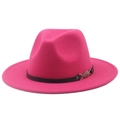 Detail of fuchsia wool fedora hat featuring black leather band and silver chain link accent - M (56-58cm) / Rose Red