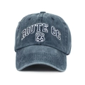 Washed navy blue Route 66 embroidered denim baseball cap with vintage distressed style - Navy Blue / Adjustable