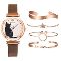 5-piece set with rose gold cat watch, mesh strap, and four matching bracelets for women - Watch + Bracelet / Brown
