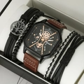 Close-up of men's square watch with brown leather strap and beaded bracelets in a gift box - HK044 Watch & Bracelet Collection (Without Box) / Brown