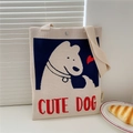 Detail of knitted tote bag showing blue puppy pattern and cute dog embroidery text - Cute Dog