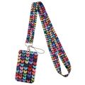Durable polyester lanyard and card holder featuring a colorful heart pattern on black - Black with Colorful Hearts