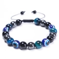10mm Evil Eye bead bracelet with black obsidian and blue tiger eye in woven design - Blue Tiger Eye Stone / 10mm