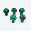 Set of five polished green natural stone mushroom figurines with red speckled patterns - Ruby Zoisite