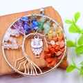 Natural crystal gravel life tree pendant with silver owl charm on a wooden stand - Owl Slanted Tree