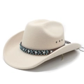 Beige wool felt western cowboy hat with ethnic beaded leather band and metal eyelets - M (56-58cm) / Beige