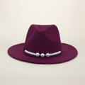 Detail of burgundy wool fedora hat featuring elegant white pearl band and golden beads - M (56-58cm) / Burgundy