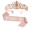 Rose gold birthday girl sash with glitter finish and matching rhinestone tiara set - One Size / Champagne Rhinestone + Rose Gold Holographic Girl Sash