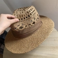 Handmade woven straw hat with hollow top and wide brown satin ribbon for sun protection - Hollow Khaki Panama Hat - Brown Ribbon