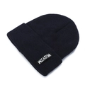 Classic navy blue ribbed knit beanie hat for men and women with woven square logo tag - One Size / Blue