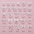 Detailed grid of silver bow nail art charms in 28 styles with specific size labels - Bowknot Style (AA25) / Silver