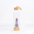 Bamboo glass water bottle with natural purple crystal wand and carry strap - Amethyst