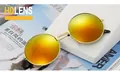 Detail of round vintage sunglasses with gold metal frame and orange gradient HD lenses - Gold Frame + Gold Mirror Lens