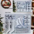 Silver Christmas tree ornament set featuring varied shapes in a clear gift display box - Silver