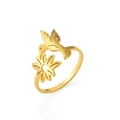18K gold plated stainless steel open ring featuring hummingbird and flower design - US 7 / Gold