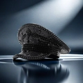 Dramatisches Rampenlicht auf schwarze Paillettenmütze mit Nieten im Punk-Stil - Verstellbar / Schwarz Pailletten Strass Kapitänshat