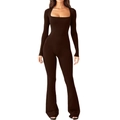 Slim fit long sleeve square neck jumpsuit with flared leg in dark coffee brown - S / Coffee