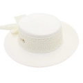 Detailed top view of white straw boater hat featuring elegant lace and a bow tie - One Size / White